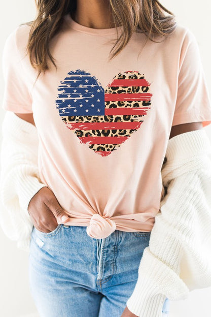 American Flag Leopard Heart Patriotic Graphic Tee