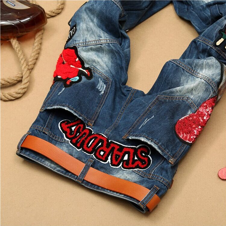 Embroidered denim straight pants