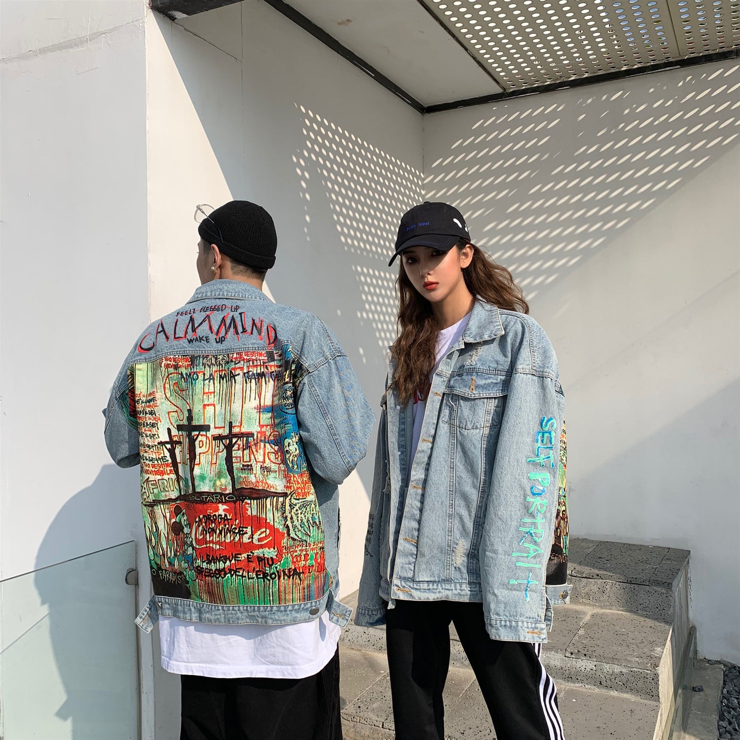 Spray paint couple denim jacket