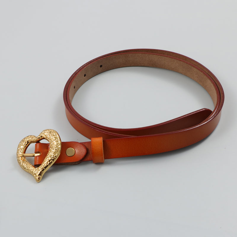 Gold Peach Heart Shape Buckle Top Layer Cowhide Leather Belt