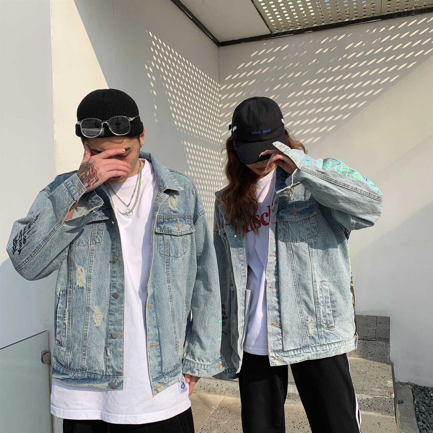 Spray paint couple denim jacket