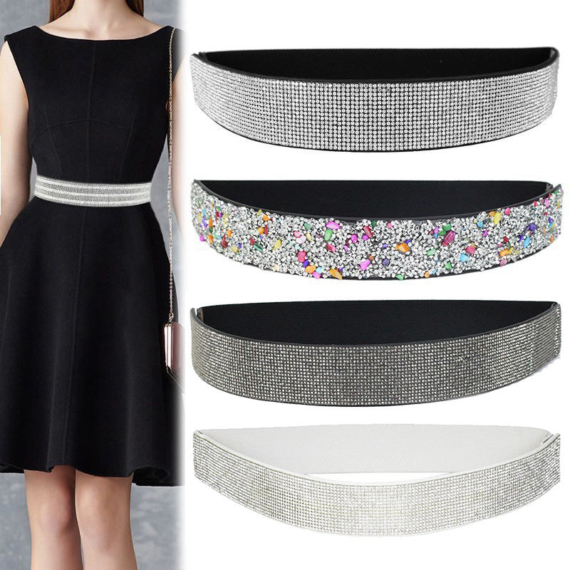 Rhinestones And Diamonds Elastic Wide Belt Flashing Diamonds Ladies Versatile Crystal Stretch