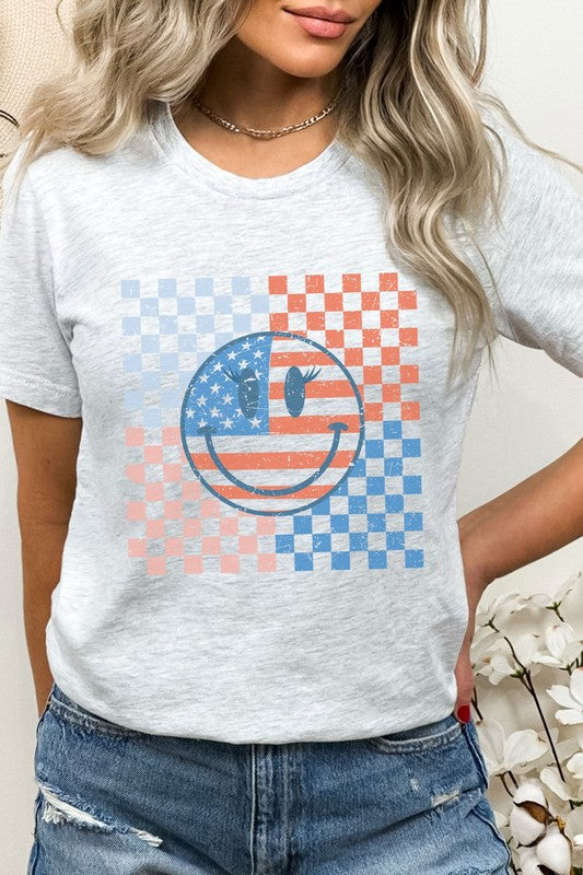 Checkerboard American Flag Smiley Face Graphic Tee