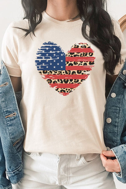 American Flag Leopard Heart Patriotic Graphic Tee