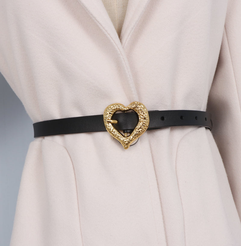 Gold Peach Heart Shape Buckle Top Layer Cowhide Leather Belt