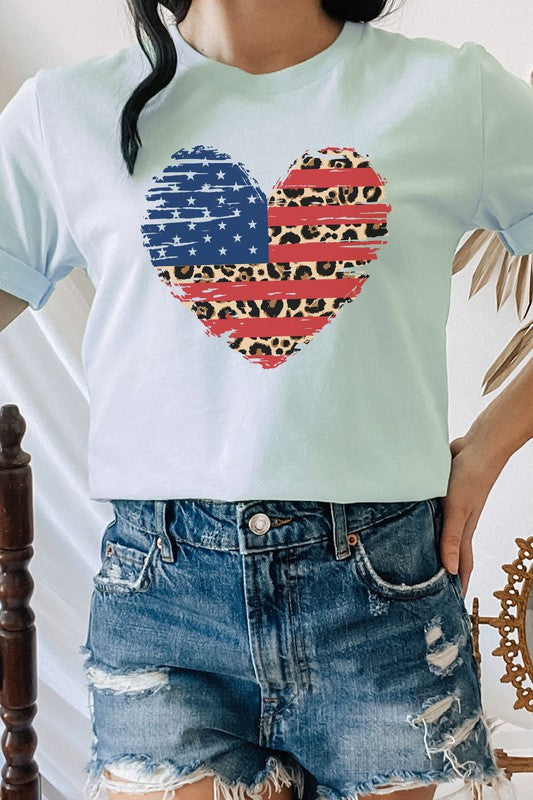 American Flag Leopard Heart Patriotic Graphic Tee