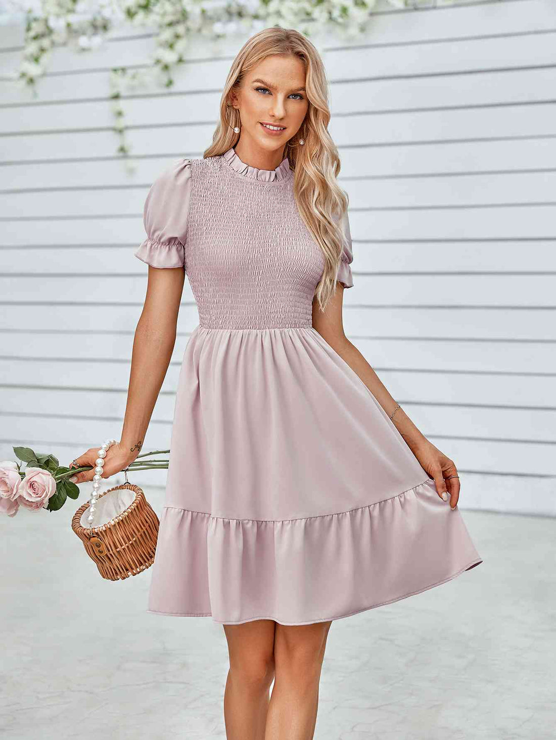 Smocked Short Flounce Sleeve Dress