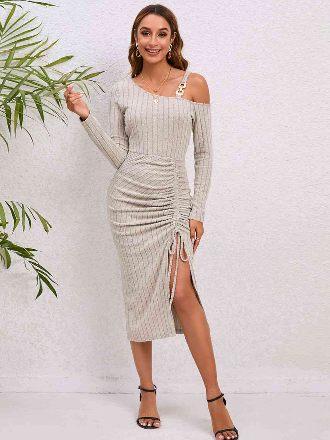 Asymmetrical Neck Drawstring Slit Dress