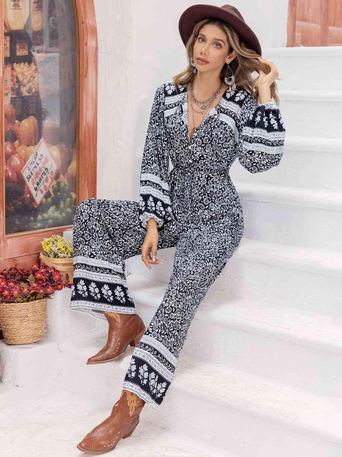 Printed Long Sleeve Wide Leg Jumpsuit