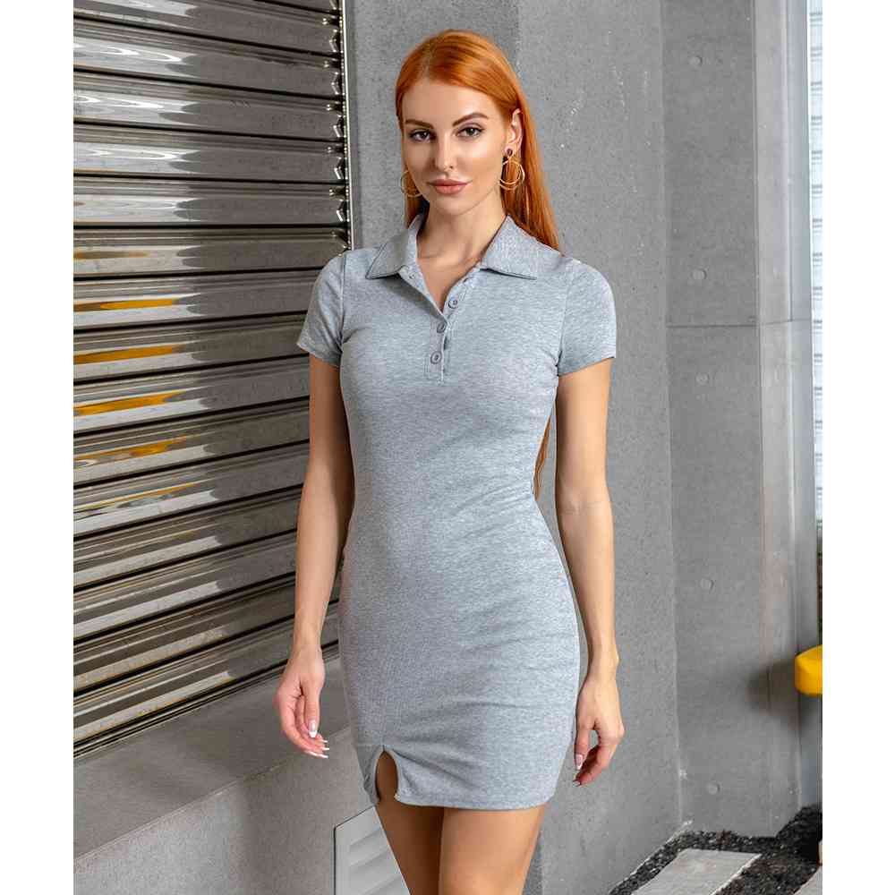 Collared Neck Short Sleeve Mini Dress