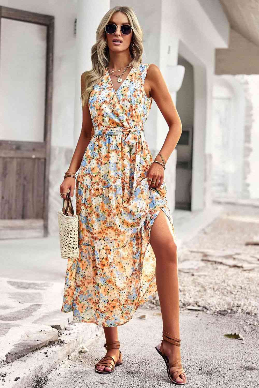 Floral Belted Surplice Sleeveless Tiered Dress