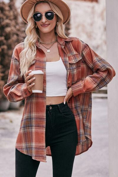 Pocketed Plaid Button Up Dropped Shoulder Shirt