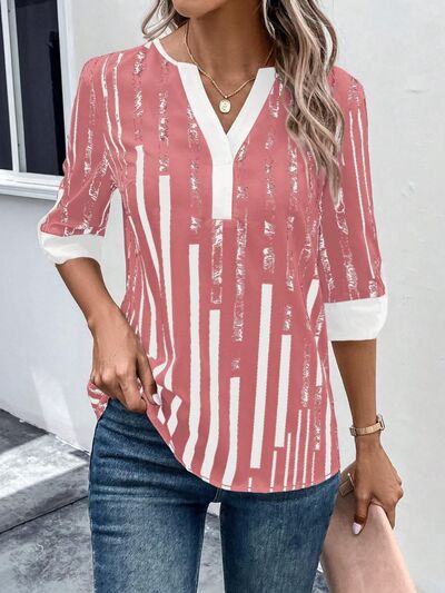 Striped Notched Half Sleeve Blouse