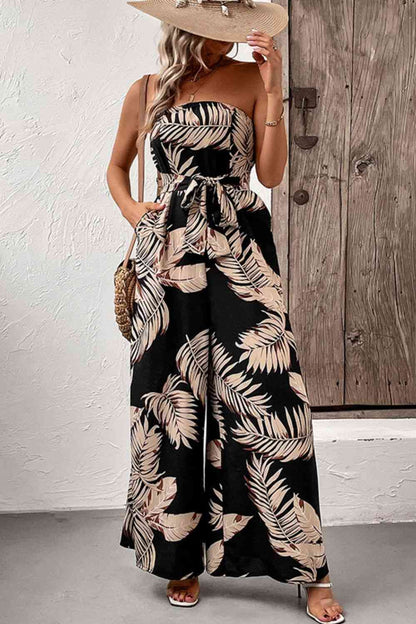 Printed Strapless Wide Leg Jumpsuit with Pockets