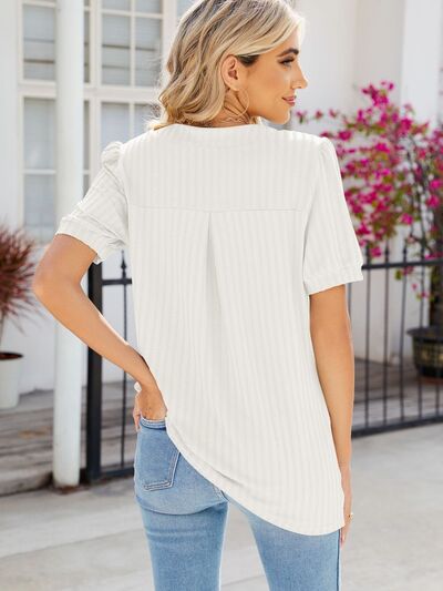 Texture Notched Short Sleeve Blouse