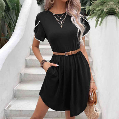 Round Neck Petal Sleeve Dress with Pockets