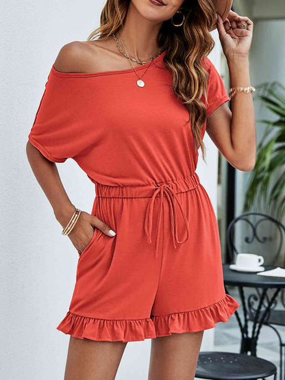 Drawstring Waist Ruffled Short Sleeve Romper