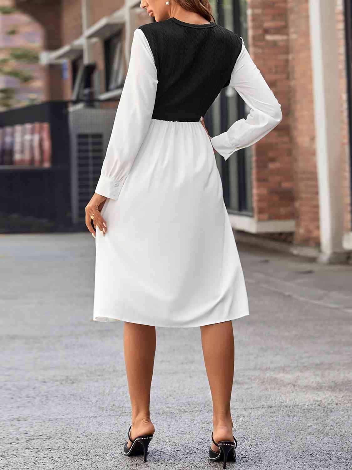 Contrast Round Neck Long Sleeve Dress