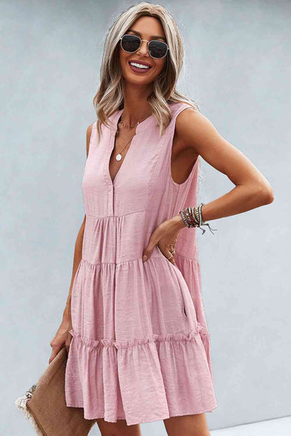 Frill Trim Notched Sleeveless Tiered Dress