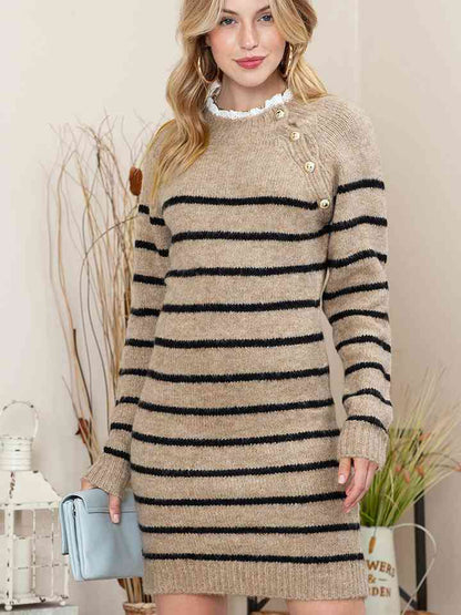Striped Round Neck Long Sleeve Sweater Dress