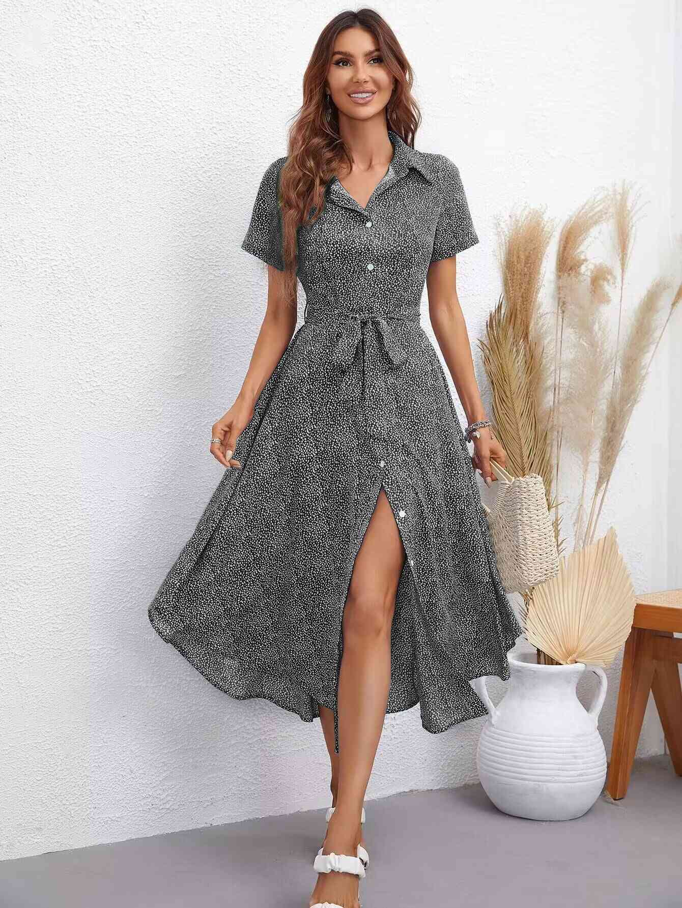 Printed Short Sleeve Collared Dress