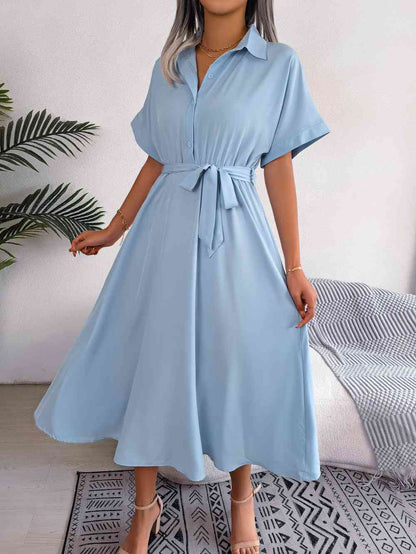 Short Sleeve Collared Tie Belt Dress