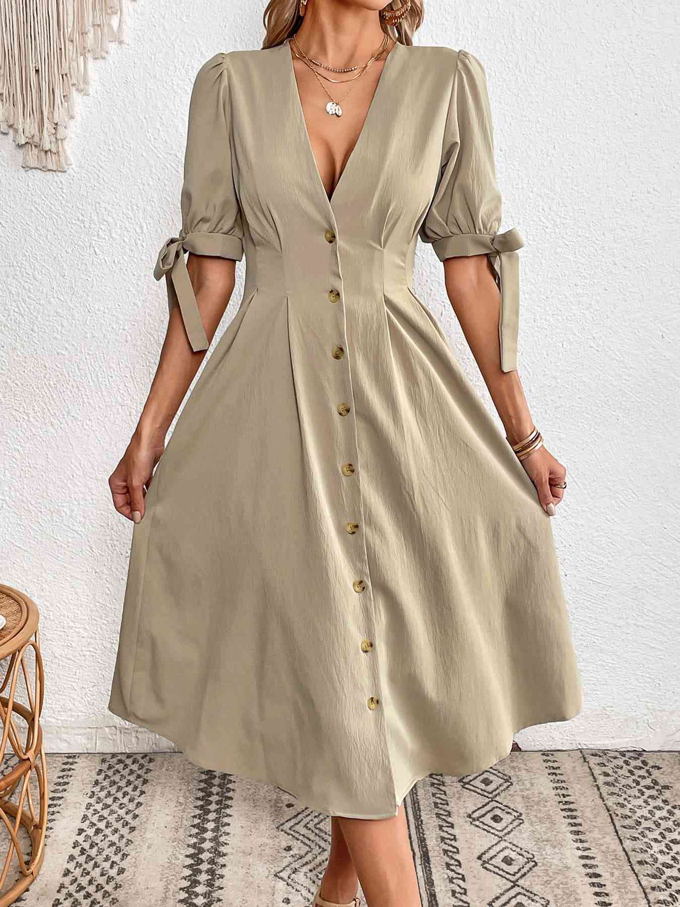 Tie Cuff Deep V Button Down Dress