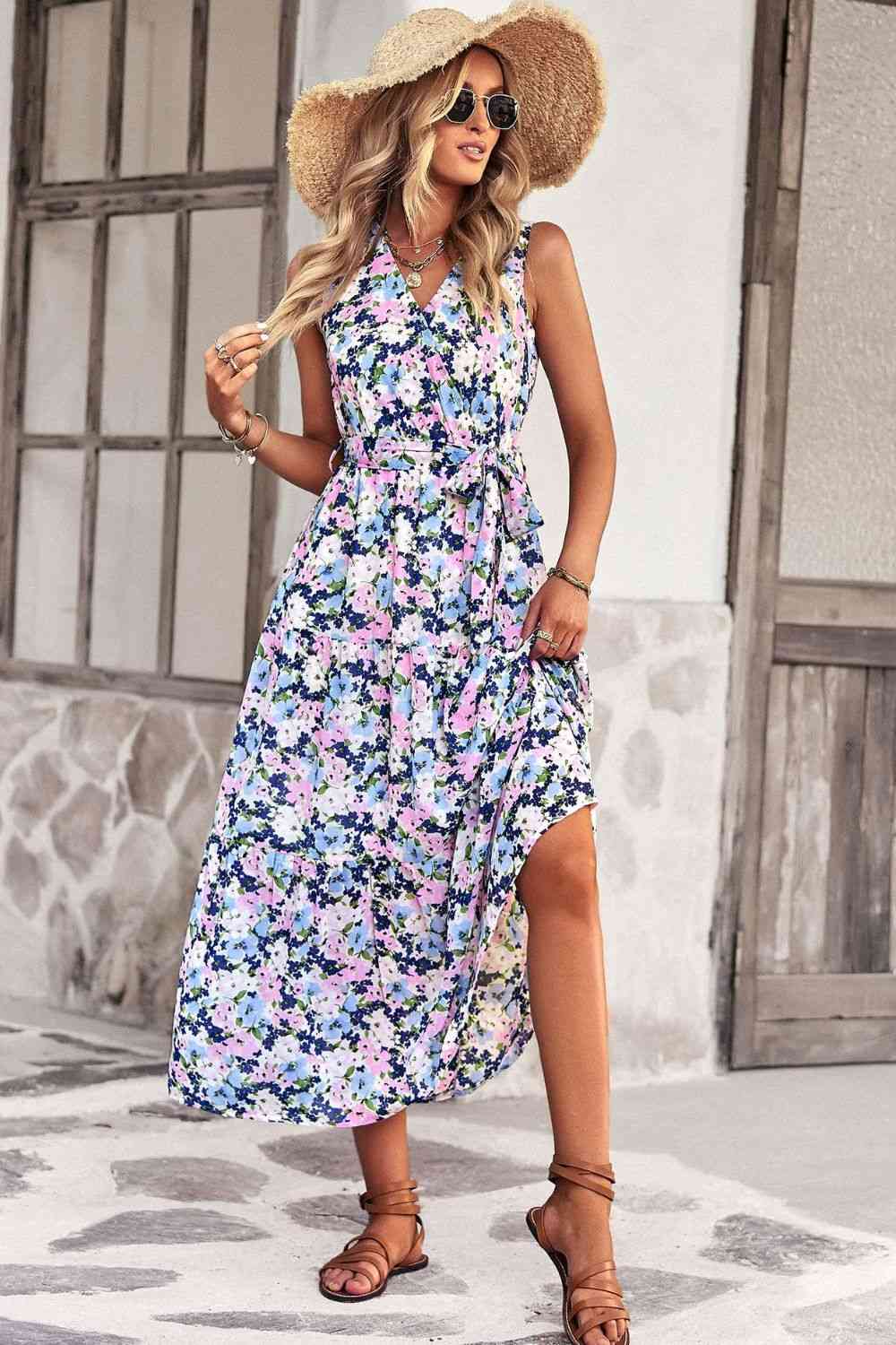 Floral Belted Surplice Sleeveless Tiered Dress