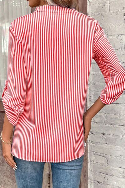 Striped Notched Roll-Tab Sleeve Shirt