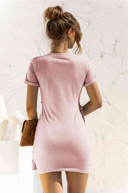 Round Neck Cuffed Sleeve Side Tie Dress