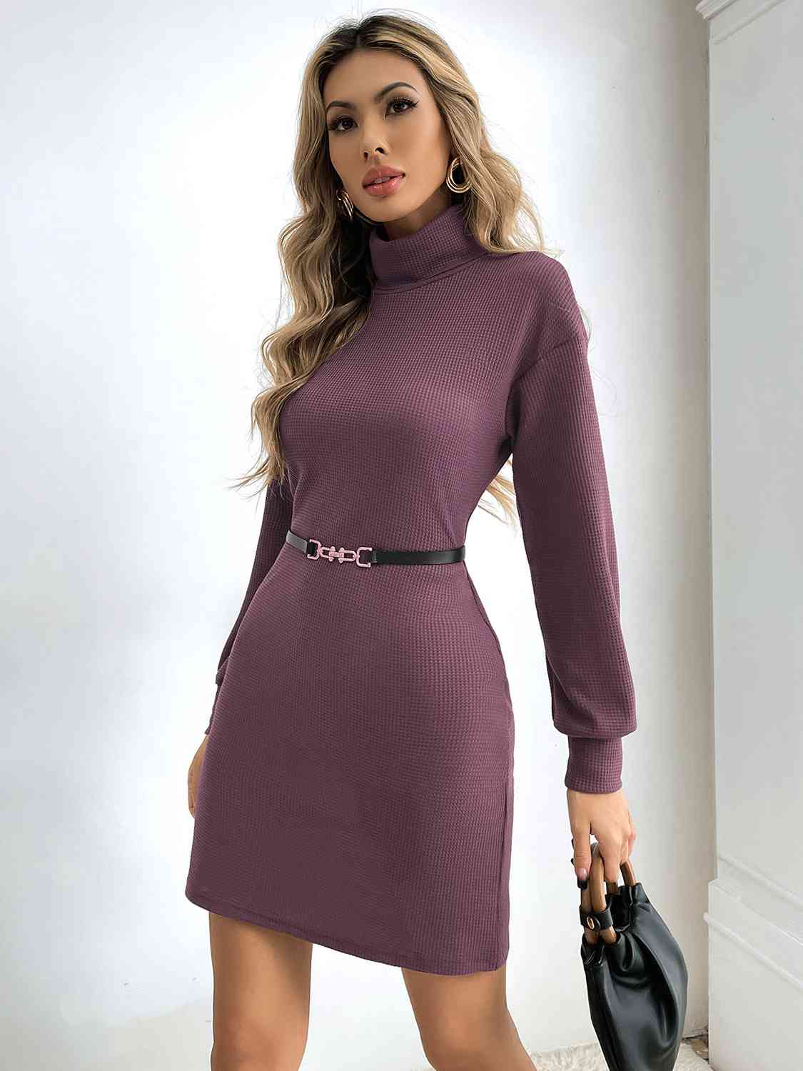 Ribbed Turtle Neck Long Sleeve Dress